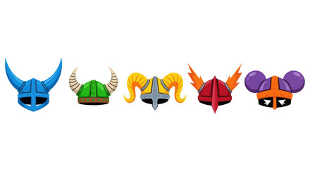 Colorful viking helmet collection with various horn styles © cicok