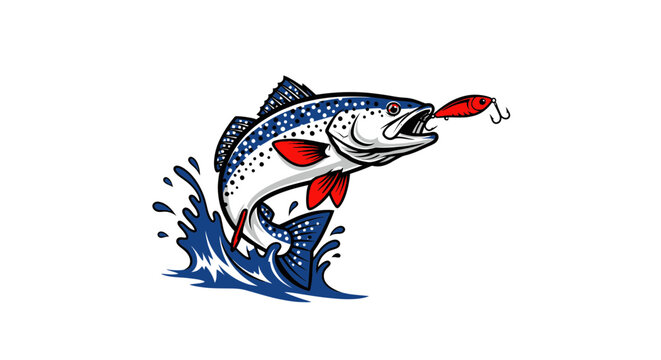 Spotted trout jumping from water to catch a red fishing bait lure