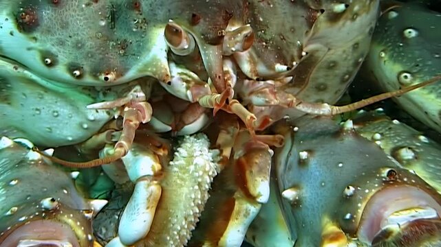 A striking close perspective of a large Red King Crab, Paralithodes Camtschaticus, moving its intricate mouthparts. This majestic creature thrives deep in the frigid underwater Arctic habitat.