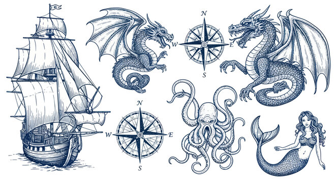 Nautical vintage map elements with ship dragons and mermaid