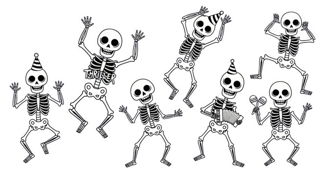 Happy dancing skeletons wearing party hats and playing music