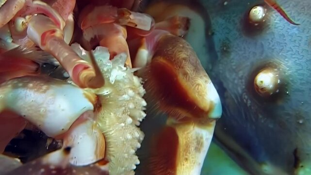A majestic Paralithodes Camtschaticus, the Red King Crab, reveals its intricate form in the icy Arctic depths. Observe its delicate movements and vibrant hues within this frigid habitat.