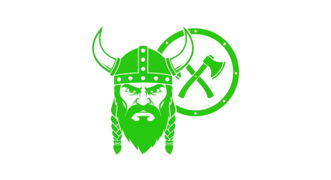 Fierce viking warrior head with horned helmet shield and crossed axes