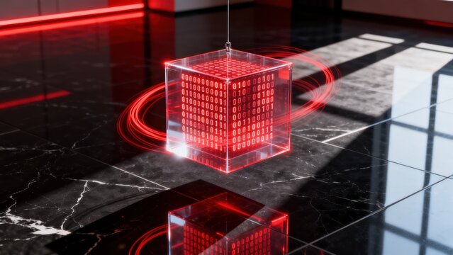 Transparent cube with binary code and red light