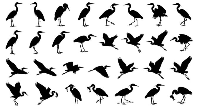 Create a premium vector collection of 30 black heron silhouettes isolated on a solid white background. Illustrate elegant herons in completely unique poses including standing upright, walking through 