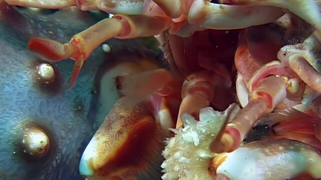 A mesmerizing close-up captures the Red King Crab Paralithodes Camtschaticus. Its intricate mouthparts and robust legs move gracefully underwater within the frigid Arctic ocean depths.