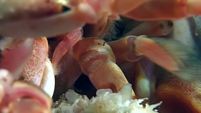 Glimpse the intricate world of a large Red King Crab as it navigates the cold Arctic depths. Its delicate appendages actively probe the seafloor, revealing a secret underwater life.
