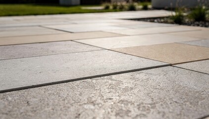 Obraz premium Medium shot of sintered stone slabs arranged in a driveway pattern showcasing their robust composition and smooth finish under natural light.