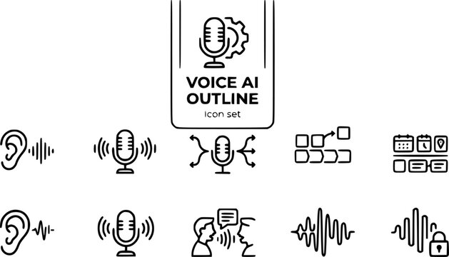 Voice AI and Conversational Interface Outline Icon Set with Wake Word Detection, Intent Classification and Voice Biometric Auth, 7 Icons Editable Vector Line Art