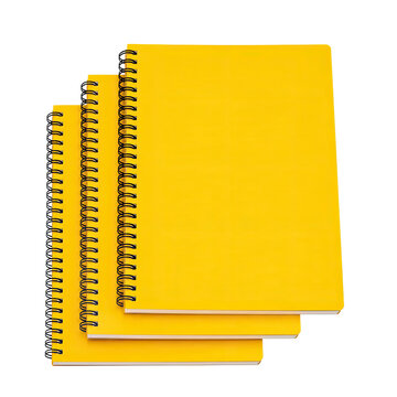 Set of Three Yellow Spiral Notebooks Mockup Isolated on Transparent Background Premium Stationery 3D Illustration, Generative AI