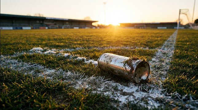White foam vanishing spray can lying totally discarded near the penalty spot on soccer pitch