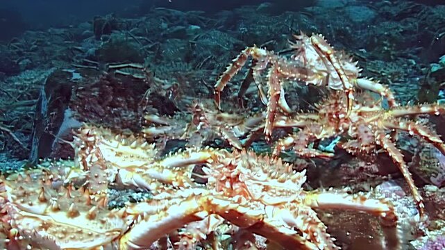 Witness the majestic migration of large Red King Crabs Paralithodes Camtschaticus on the seabed through the cold, pristine waters of the Arctic. Their epic journey unfolds.