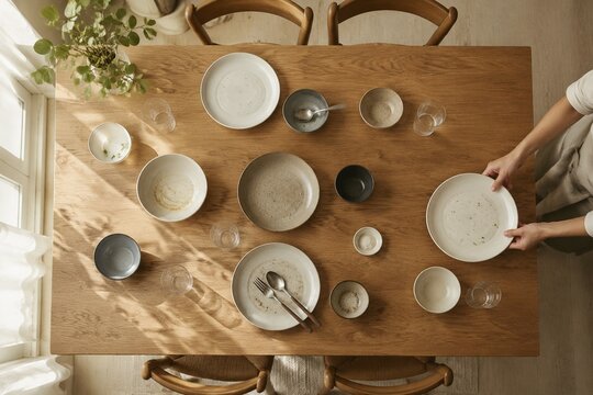 Overhead view of dining table with empty plates being cleared in natural light.