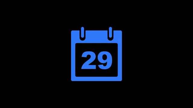 Calendar Date 29 Day Countdown Monthly Organizer Blue Transparent Alpha Channel Reveal Animation