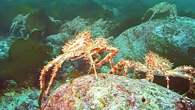 Witness the silent, epic migration of large Red King Crabs. These ancient creatures traverse the frigid Arctic seabed, a grand passage through icy, deep waters.
