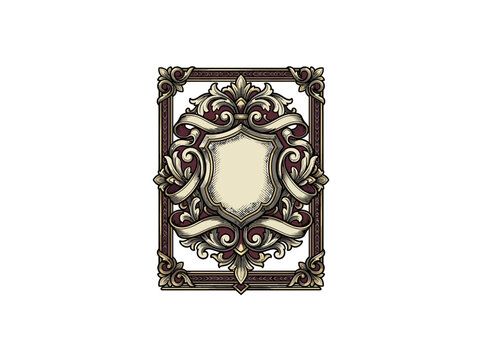 Ornate Victorian Bookplate Design Featuring A Central Blank Shield Adorned With Detailed Scrollwork And Decorative Border Vector Illustration