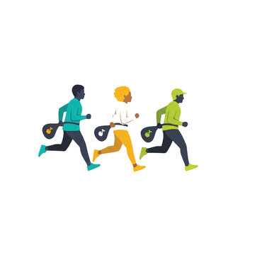 A group of three diverse runners in a park, each carrying a small bag for litter, running in a line. High contrast on white background. 5-color palette of teal, mustard, white, dark grey, and
