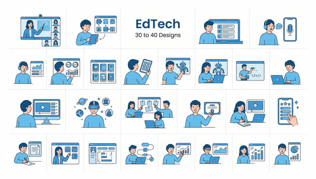 Educational technology ed tech learning vector icon collection for digital classrooms and online courses with e learning education technology learning classroom computer internet e-learning