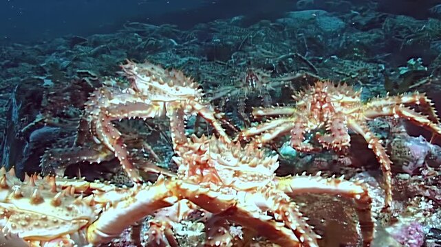 Witness the powerful migration of massive Red King Crabs Paralithodes Camtschaticus across the frigid Arctic seabed. These ocean giants undertake an epic journey through cold, dark waters.