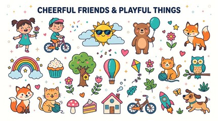 Fototapeta premium Colorful cartoon stickers of cheerful friends and playful things