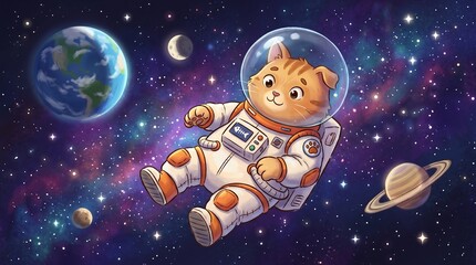 Fototapeta premium Cartoon cat astronaut floating in space with planets