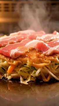 Japanese savory pancake okonomiyaki frying on a hot grill with fresh pork belly slices