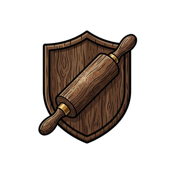 Artisanal Hand Carved Walnut Shield With A Rolling Pin Adorned With Golden Rings Displaying Intricate Wood Grain And A Decorative Plaque Style Vector Illustration