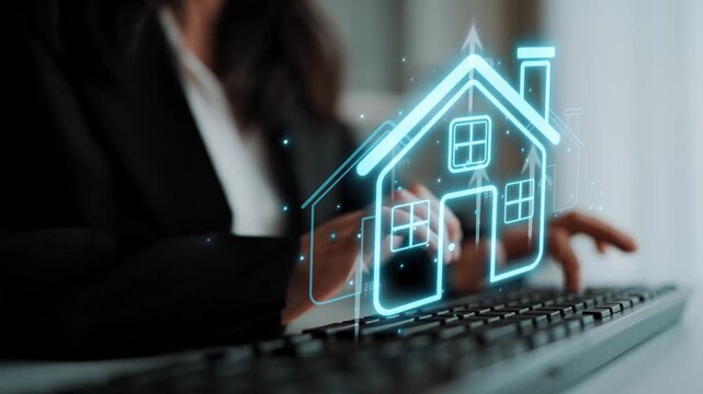Business professional using keyboard with glowing house icon overlay representing real estate, digital marketing, and home buying concepts for innovative solutions Sigmoid