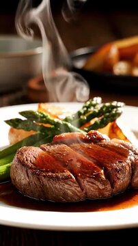 Juicy grilled beef steak served with fresh asparagus and roasted potatoes with steam rising