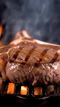 Juicy beef steak searing on a hot grill with rising smoke and sizzling oil surface