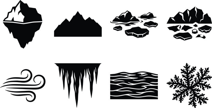 Winter Nature Elements Silhouette Set Featuring Icebergs Mountains Icicles Wind Water and Snowflake