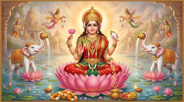 Hindu Goddess Lakshmi with Elephants and Lotus Flowers