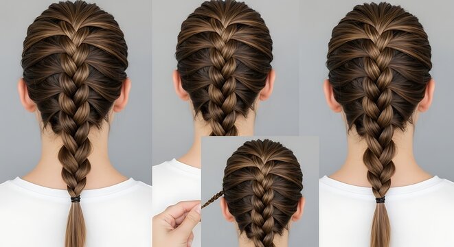 Woman's Hair Braided in French Braid Style, Step-by-Step Tutorial Collage