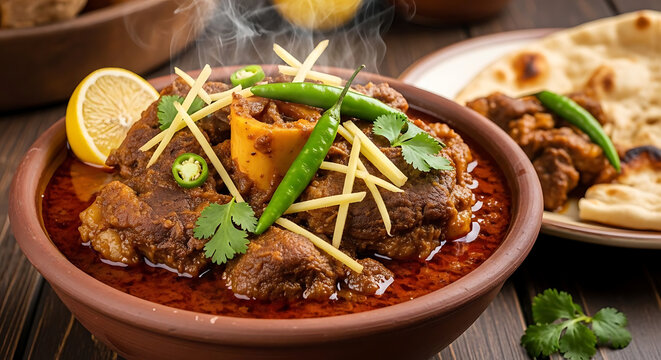 Nihari curry served in a traditional clay bowl with fresh ginger and green chili garnish.