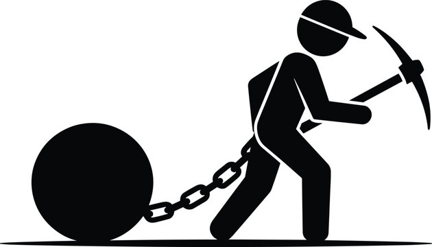 Black silhouette of a prisoner wearing a cap and dragging a heavy iron ball and chain while holding a pickaxe on white background