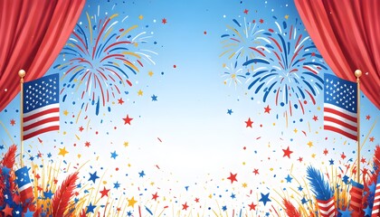 Obraz premium Colorful Fireworks Explosion Over American Flag Draped Curtains in Bright Daylight Celebration