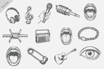 Eye, Open Mouth, Safety Pin, Chain, Wire, Radio, Guitar, Headphone, Microphone for grunge punk y2k collage design vector illustration. dotted texture stipple music elements on white background © SAGOR