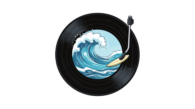 Illustration of a Vinyl Record With Ocean Wave Design and Turntable Needle Surfing the Crest