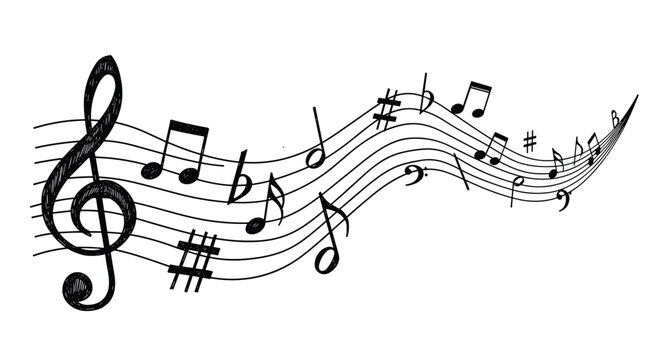 Flowing musical staff with hand-drawn notes, treble clefs, and various symbols representing a rhythmic and artistic composition.
