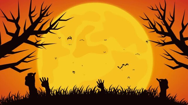 Spooky Halloween Night Illustration with Zombie Hands and Full Moon in a Haunted Graveyard