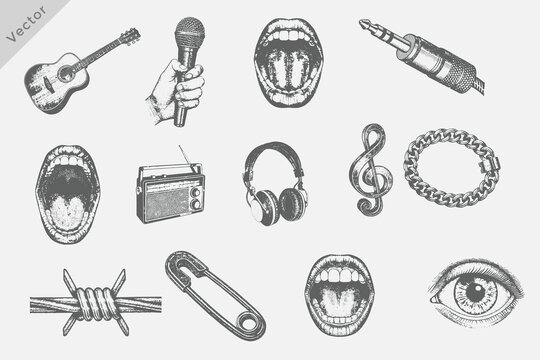 Vintage stipple music elements set vector illustration. Eye, Open Mouth, Safety Pin, Chain, Wire, Radio, Guitar, Headphone, Microphone dotted texture for collage design on white background.