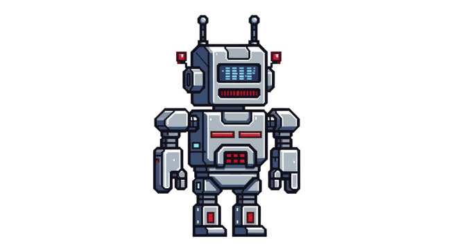 Retro robot character standing isolated on white background.