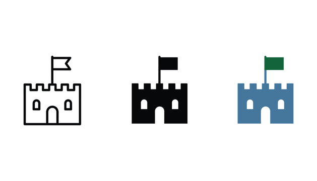 Castle with flag icon in line art solid black and flat blue style set for kingdom conquest game or fantasy architectural branding isolated on a clean white background
