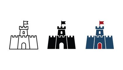 Set of small castle tower icons in line solid and flat design styles for building and construction projects isolated on white background vector illustration © TARU STOCKPLC