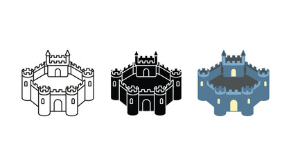 Set of large fortified castle icons in line solid and flat design styles for historical architecture and strategy game development isolated on white background vector illustration © TARU STOCKPLC
