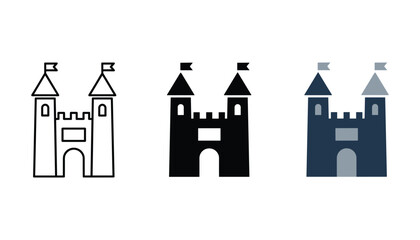 Set of twin tower castle icons in line solid and flat design styles for historical architecture and fantasy game assets isolated on white background vector illustration © TARU STOCKPLC