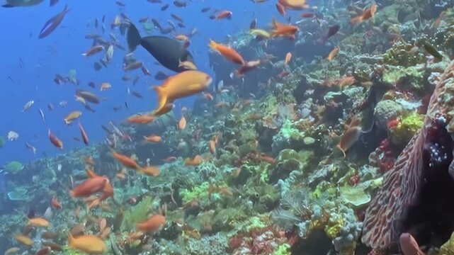 Countless brilliant fish glide through the crystal blue water, teeming around a diverse, colorful coral reef. This underwater spectacle unfolds in a sunlit tropical ocean during the day.