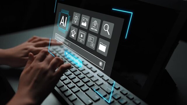 Hands Typing on Keyboard with AI Interface Displayed on Laptop Screen, Showcasing Technology and Innovation in Digital Work Gluon.