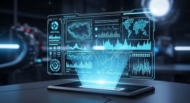 Holographic interface display showing complex data analytics with blue glowing charts and world map projection on a dark background table