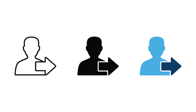 User account sign out or logout icon set featuring person silhouette with arrow indicating exit direction in outline solid black and blue color variants for modern web navigation and mobile ui